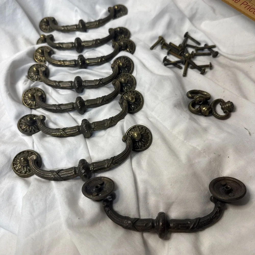 Lot vintage Drop bail dresser pulls Antique Brass Bronze Ornate 8 Handles 3 ring